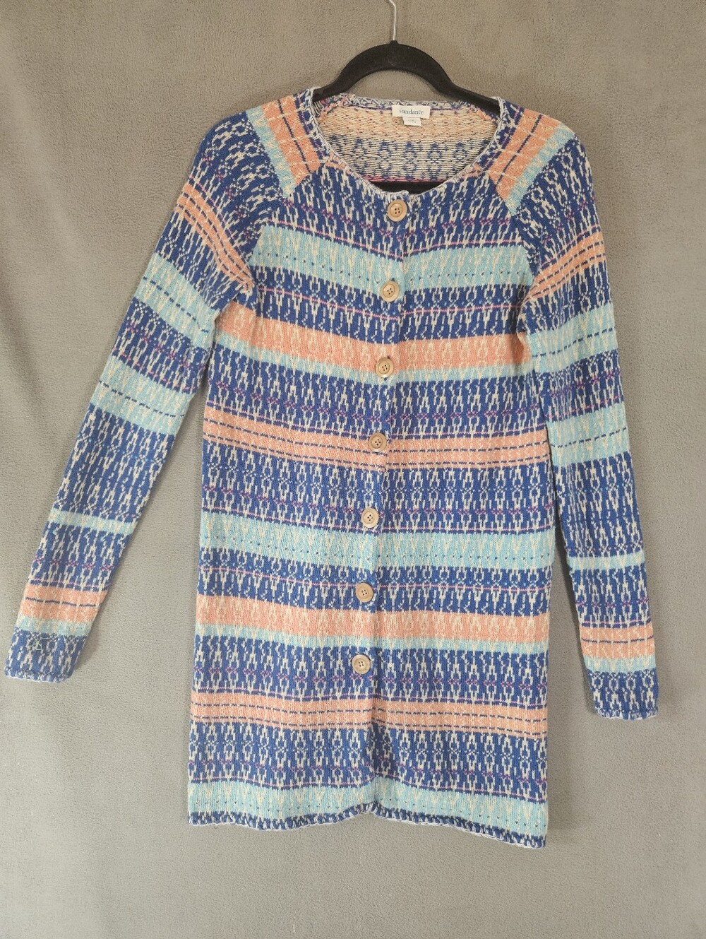SUNDANCE Shoreline Cardigan Sweater Longline Wool Blend Fair Isle Cottage XS